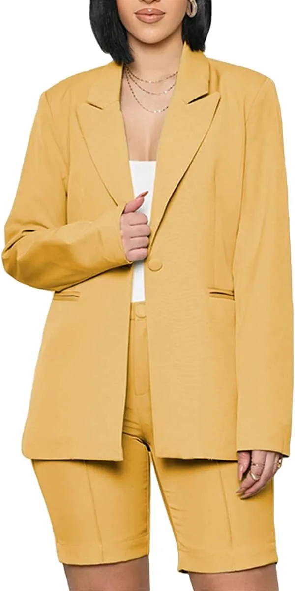 Women Two-Piece Pants Suit Solid Color Single-Breasted Blazer and Straight Fit Shorts Elegent Wear