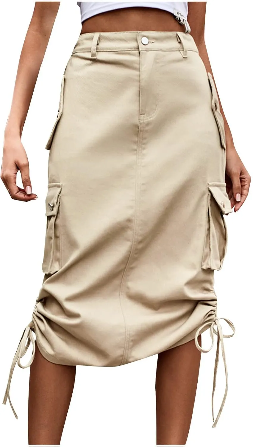 Women Y2k Drawstring Cargo Denim Skirt High Waist Ruched Parachute Maxi Long Skirts Vintage Jean Skirt with Pockets