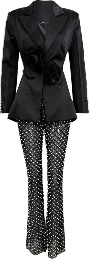 Women's 2 Pieces Blazer Pants Suit Sets Hollow Out Flowers Appliques Pearls Beaded Wedding Party Outfits