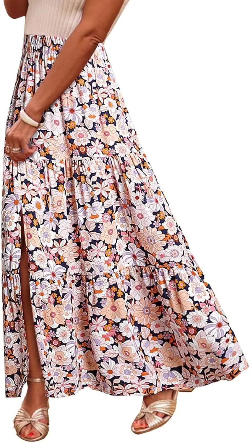 Womens Boho Floral Slit Maxi Skirt Split Thigh Elastic High Waisted Long Sexy Skirts Summer Beach Outfits Clothes