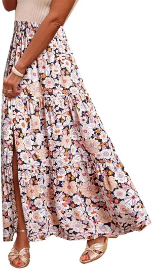 Womens Boho Floral Slit Maxi Skirt Split Thigh Elastic High Waisted Long Sexy Skirts Summer Beach Outfits Clothes
