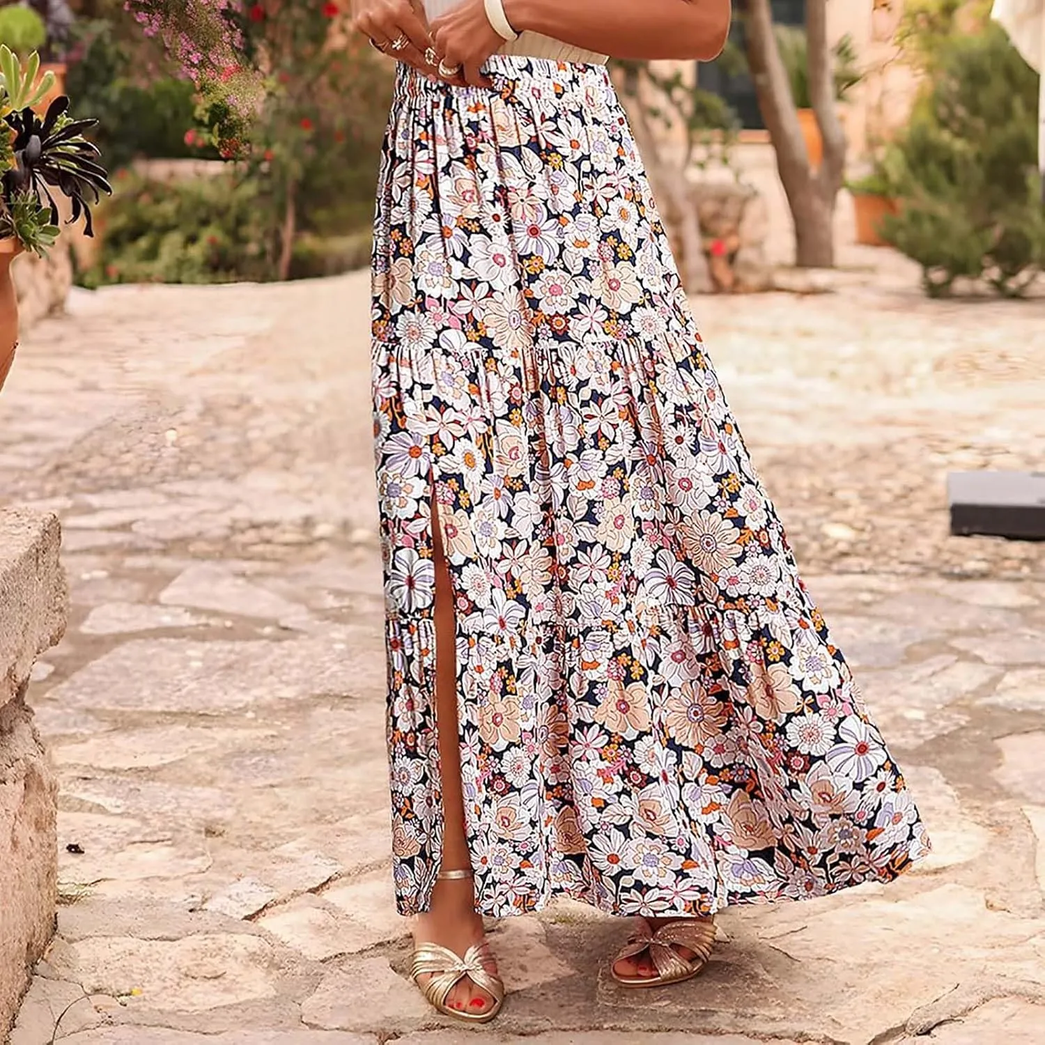 Womens Boho Floral Slit Maxi Skirt Split Thigh Elastic High Waisted Long Sexy Skirts Summer Beach Outfits Clothes