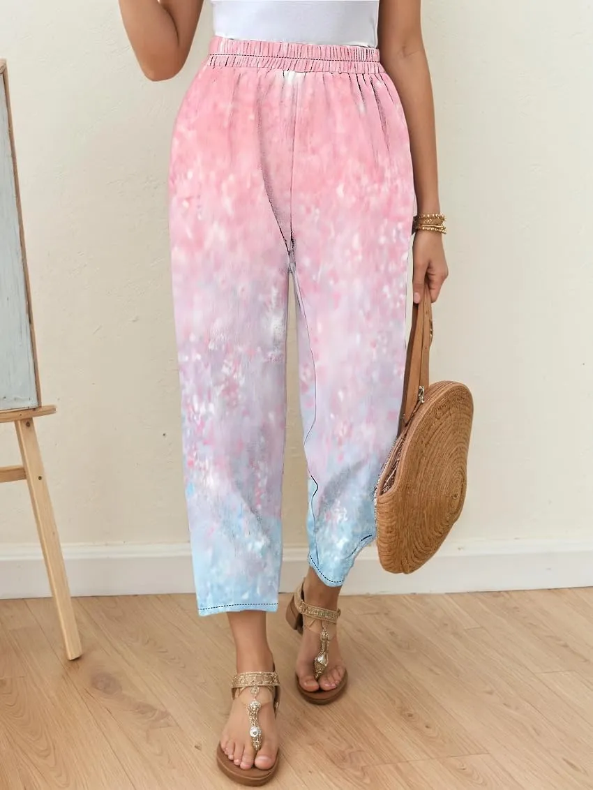 Womens Casual Boho Floral Beach Pants Elastic Waist Drawstring Summer Wide Straight Leg Trousers with Pockets