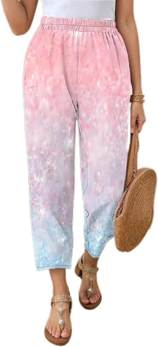 Womens Casual Boho Floral Beach Pants Elastic Waist Drawstring Summer Wide Straight Leg Trousers with Pockets