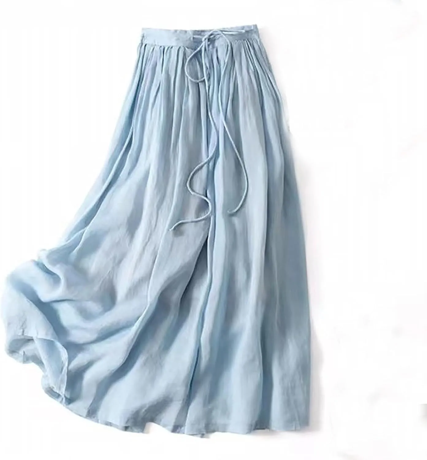 Women's Cotton Linen Long Maxi Skirt Casual Loose Fit Drawstring Elastic High Waisted A Line Pleated Swing Skirts