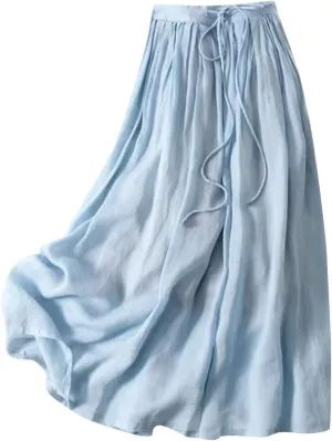 Women's Cotton Linen Long Maxi Skirt Casual Loose Fit Drawstring Elastic High Waisted A Line Pleated Swing Skirts