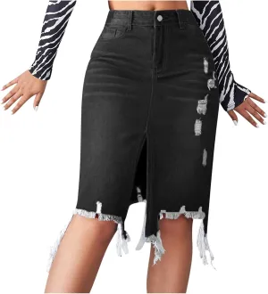 Womens Denim Pencil Skirts Midi Long Split Frayed Raw Hem High Waist A line Midi Jean Skirt for Ladies Streetwear