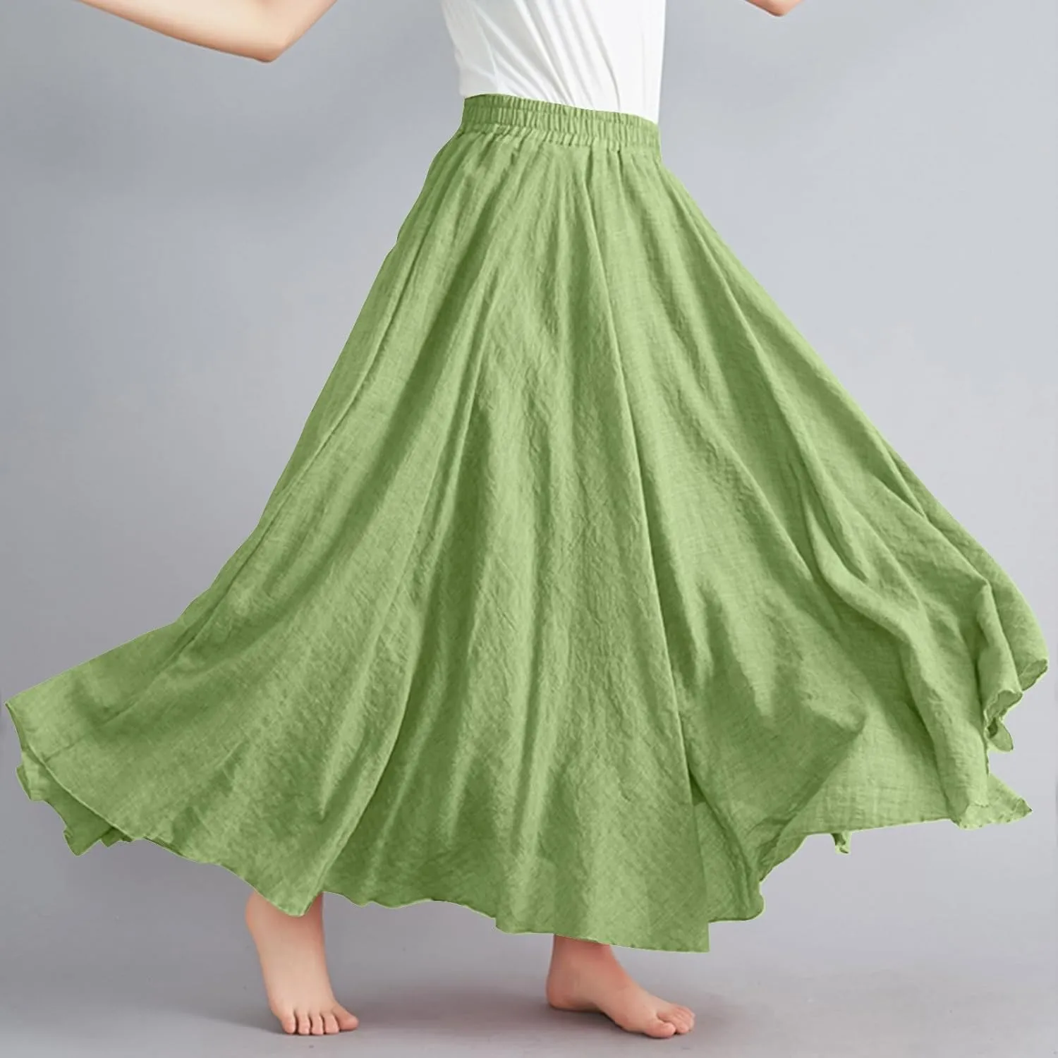 Women's Flowy Linen Maxi Skirt Summer Pleated High Waisted Casual Long Skirts Solid A-Line Beach Skirt for Going Out