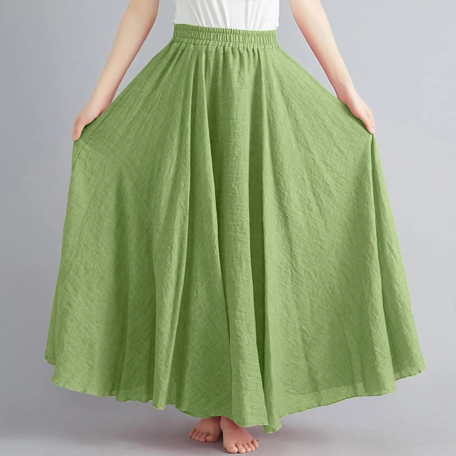 Women's Flowy Linen Maxi Skirt Summer Pleated High Waisted Casual Long Skirts Solid A-Line Beach Skirt for Going Out