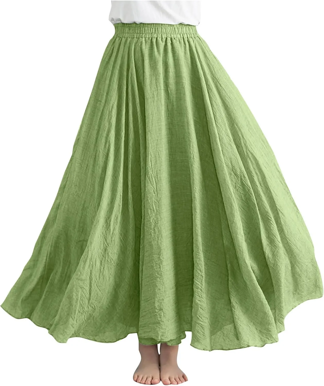 Women's Flowy Linen Maxi Skirt Summer Pleated High Waisted Casual Long Skirts Solid A-Line Beach Skirt for Going Out