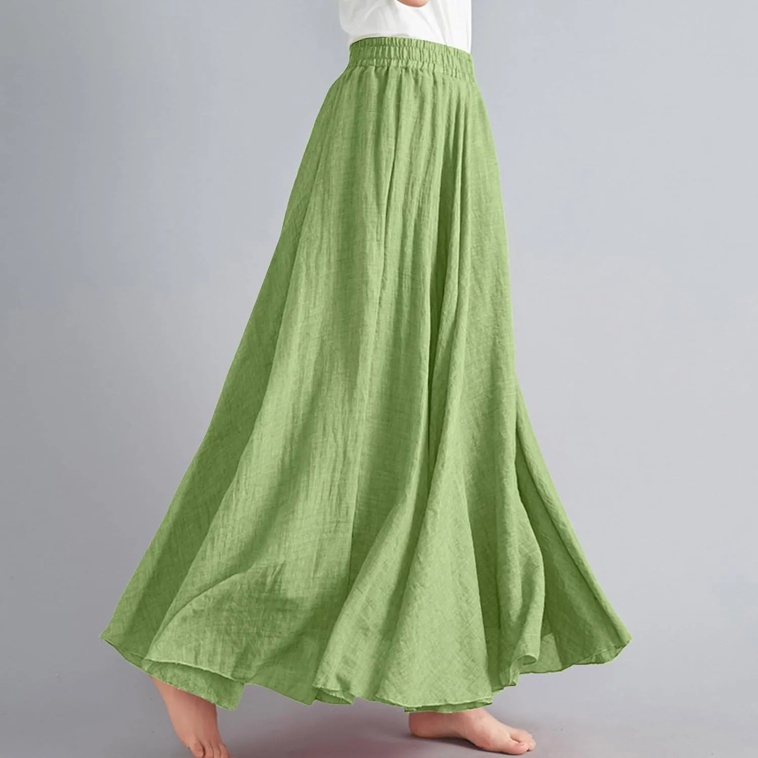 Women's Flowy Linen Maxi Skirt Summer Pleated High Waisted Casual Long Skirts Solid A-Line Beach Skirt for Going Out