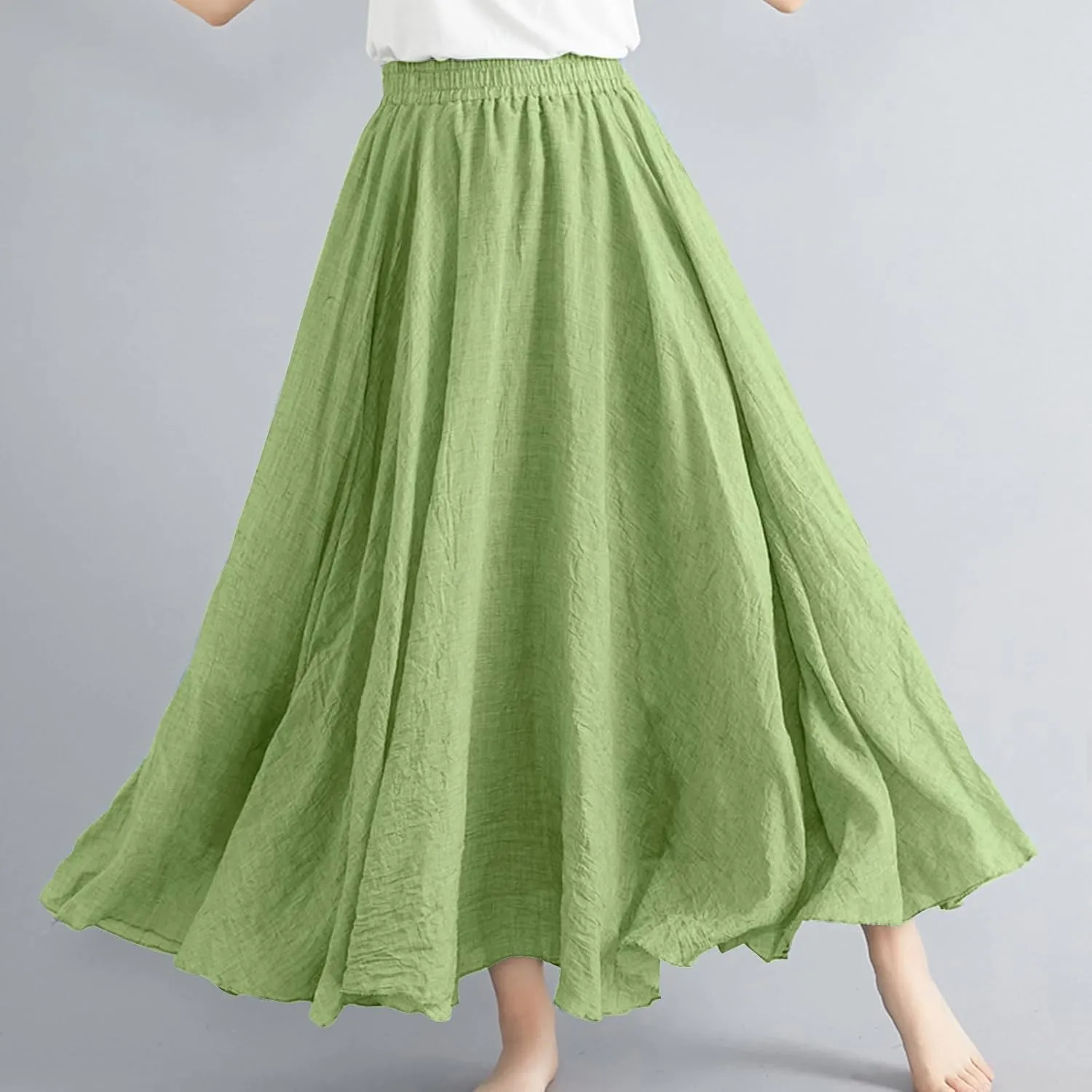 Women's Flowy Linen Maxi Skirt Summer Pleated High Waisted Casual Long Skirts Solid A-Line Beach Skirt for Going Out