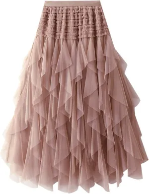 Womens Multilayer Ruffles Skirt Midi Long Fairy Skirt High Low Layered A-line Midi Skirt Irregular Tutu for Women