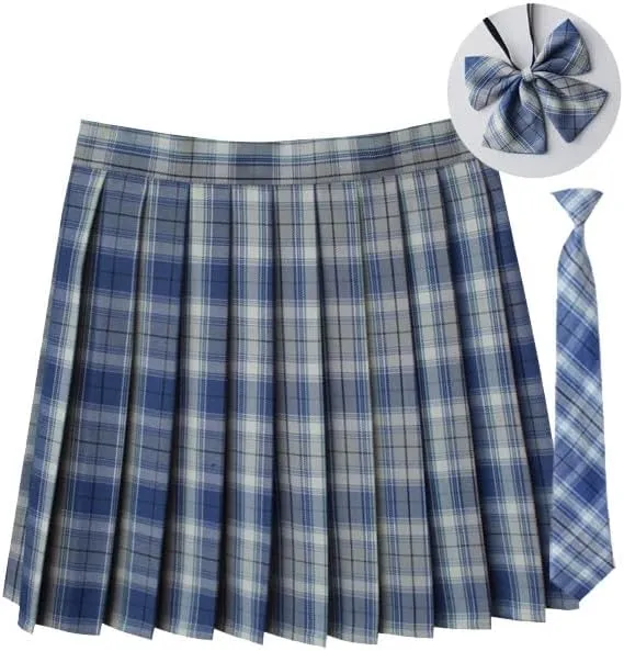 Women's Pleated Mini Skirts and Tie 3 Piece Sets Sexy Cute Plaid Skirt High Waisted A-Line Swing Lingerie Skirt