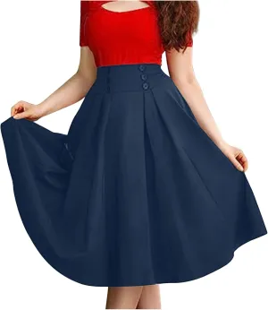 Womens Pleated Skirt High Waist Midi Skirts A Line Vintage Skirts Dressy Casual Button Skirt Elegant Cocktail Skirts