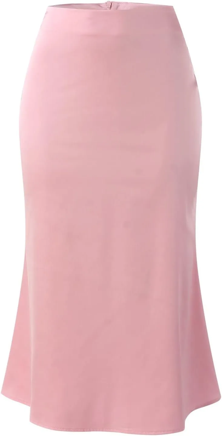 Womens Satin Skirts Casual Silk Midi Skirt High Waisted Flared A-line Long Skirts Zipper Elegant Work Skirts