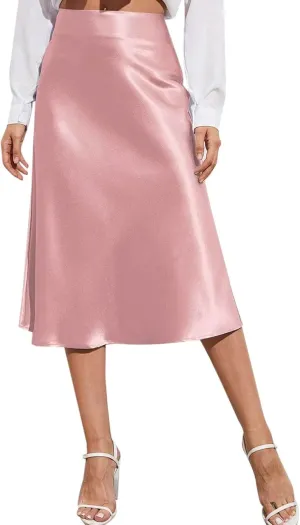 Womens Satin Skirts Casual Silk Midi Skirt High Waisted Flared A-line Long Skirts Zipper Elegant Work Skirts