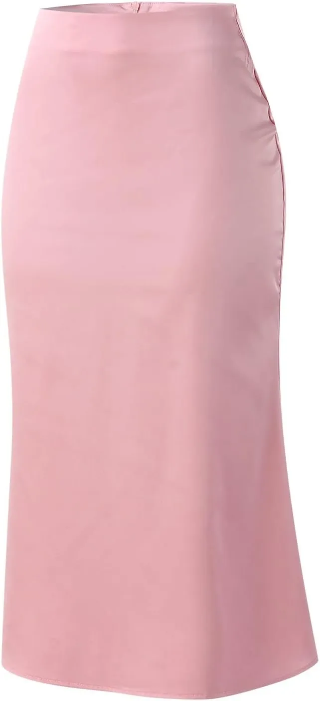 Womens Satin Skirts Casual Silk Midi Skirt High Waisted Flared A-line Long Skirts Zipper Elegant Work Skirts