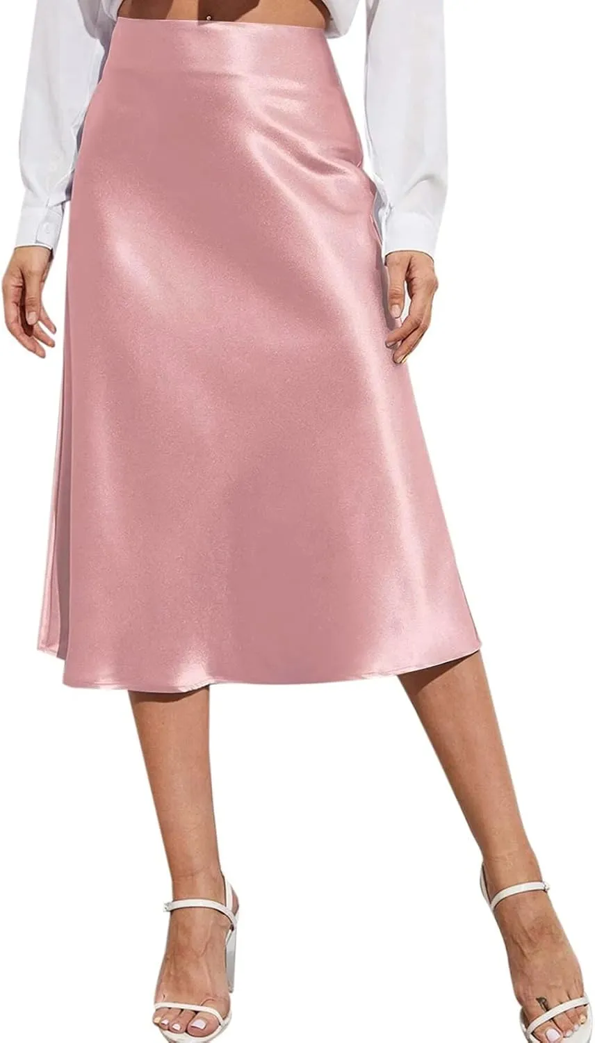 Womens Satin Skirts Casual Silk Midi Skirt High Waisted Flared A-line Long Skirts Zipper Elegant Work Skirts