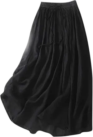 Women's Summer Cotton Linen Skirts Casual Tie Waist A-Line Long Flowy Skirt with Pockets Soft Lightweight Beach Skirt