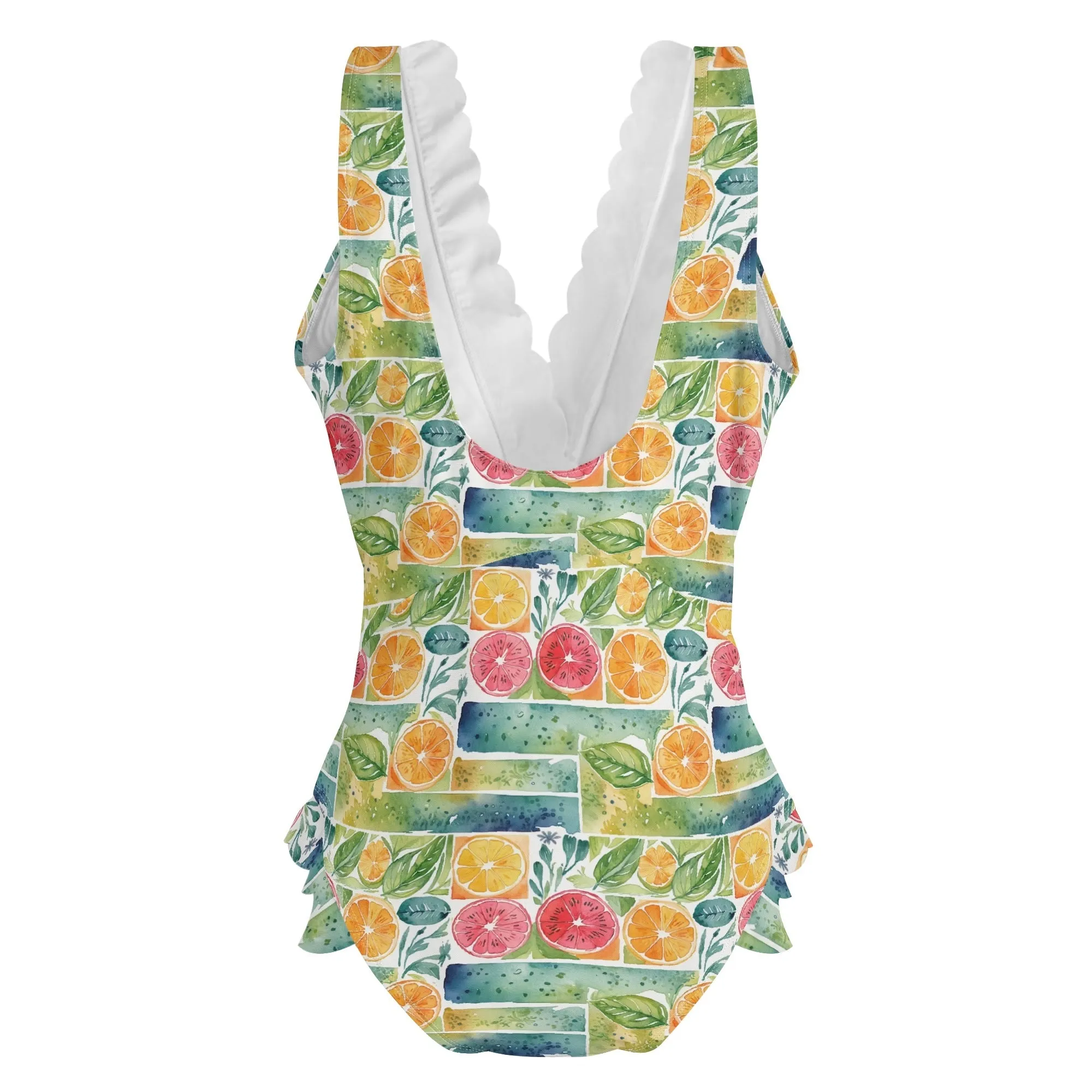 Womens Watercolor Fruit Ruffle Edge Cross-Front One Piece Swimsuit Bathing Suit