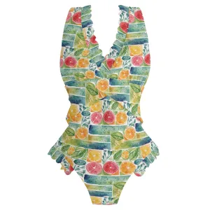 Womens Watercolor Fruit Ruffle Edge Cross-Front One Piece Swimsuit Bathing Suit
