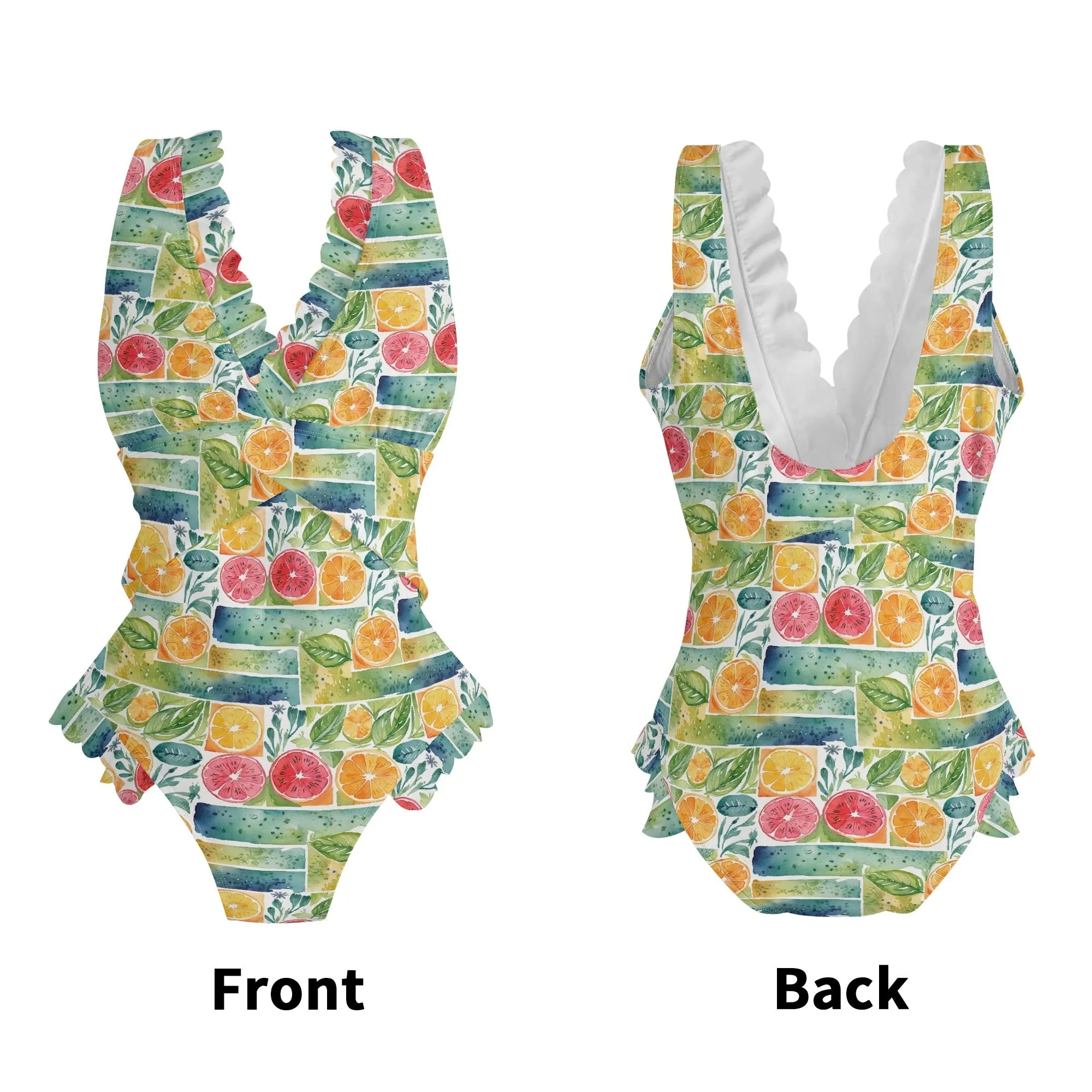 Womens Watercolor Fruit Ruffle Edge Cross-Front One Piece Swimsuit Bathing Suit