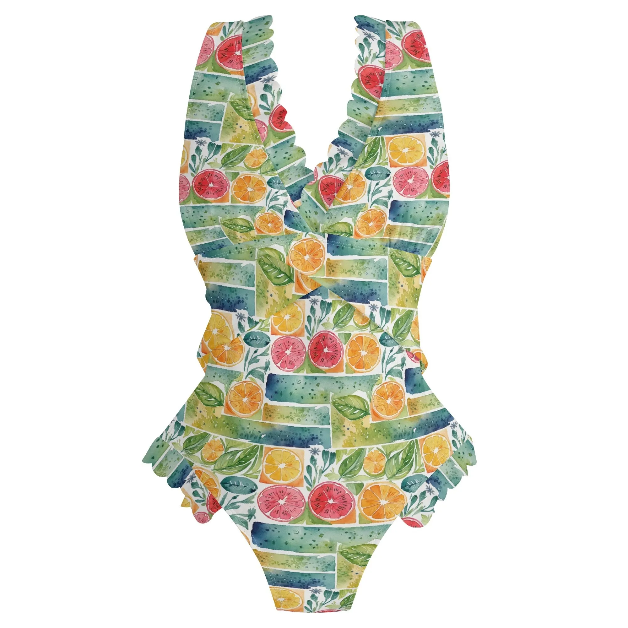 Womens Watercolor Fruit Ruffle Edge Cross-Front One Piece Swimsuit Bathing Suit