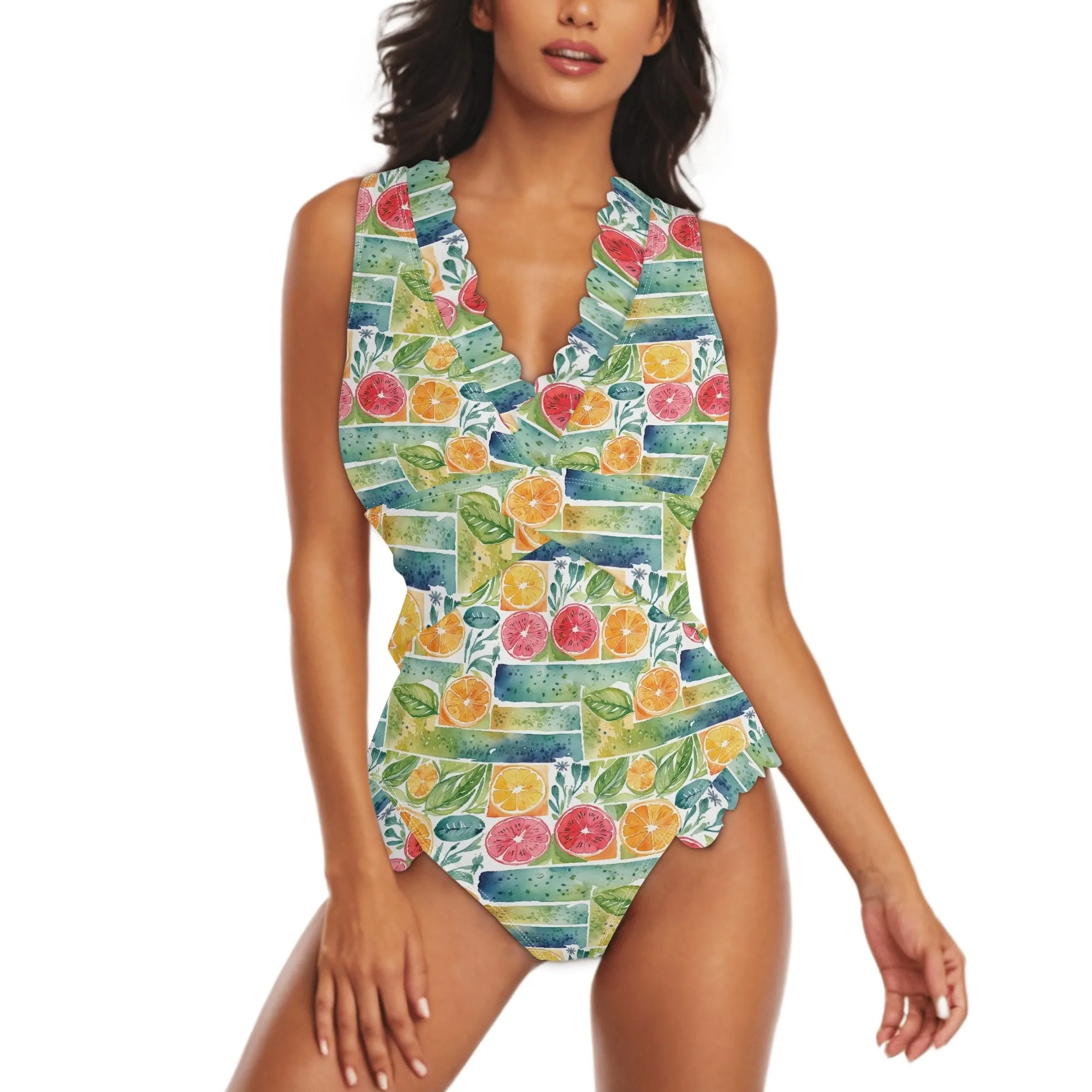 Womens Watercolor Fruit Ruffle Edge Cross-Front One Piece Swimsuit Bathing Suit