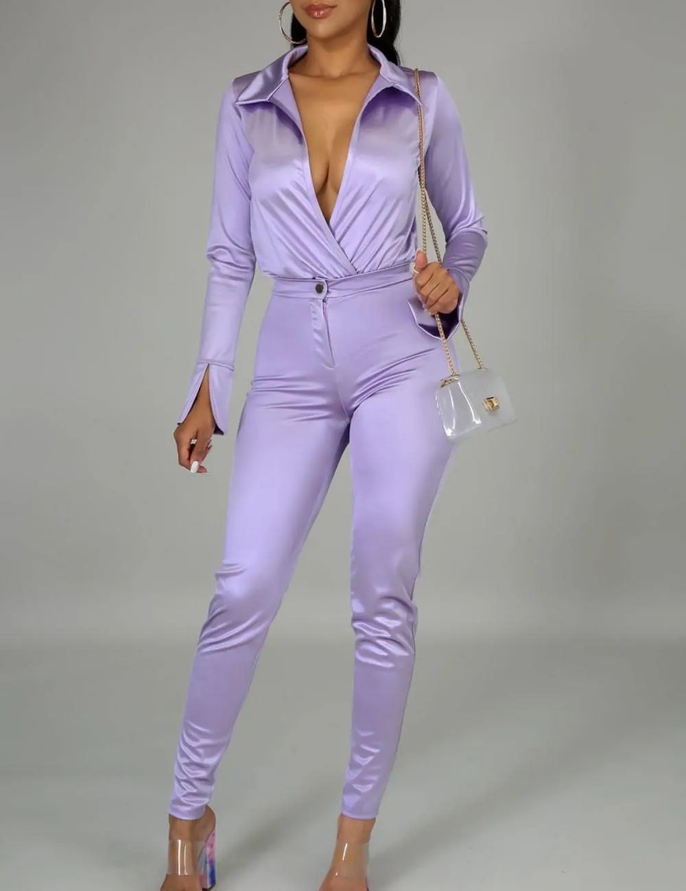 xxxiticat Women's Silk Satin Business Suit Office Lady Two Piece Long Sleeve Bodysuit High Waist Bodycon Pants Matching Sets