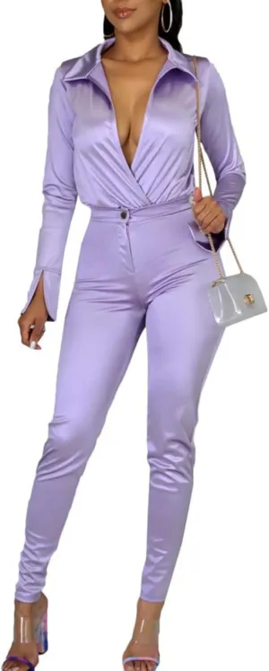 xxxiticat Women's Silk Satin Business Suit Office Lady Two Piece Long Sleeve Bodysuit High Waist Bodycon Pants Matching Sets