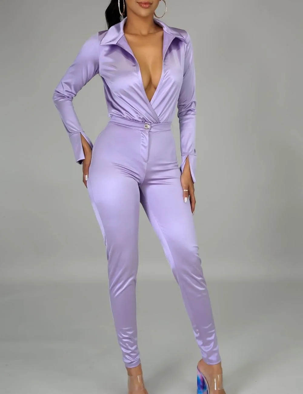 xxxiticat Women's Silk Satin Business Suit Office Lady Two Piece Long Sleeve Bodysuit High Waist Bodycon Pants Matching Sets