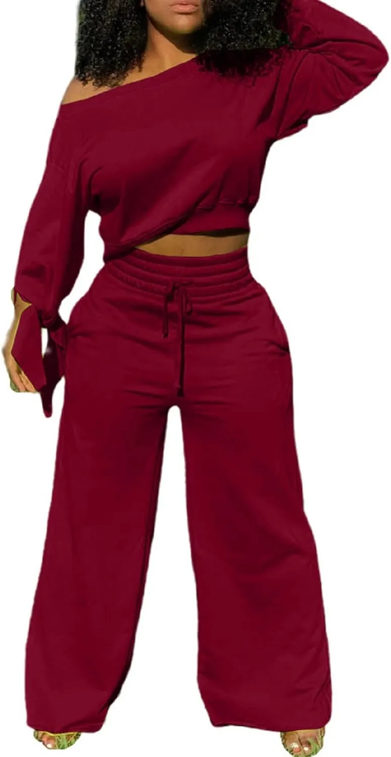 Yiershu Women's 2 Piece Outfits Casual Sweatsuits Long Sleeve Loose Matching Wide Leg Tracksuit Pants Sets with Pockets